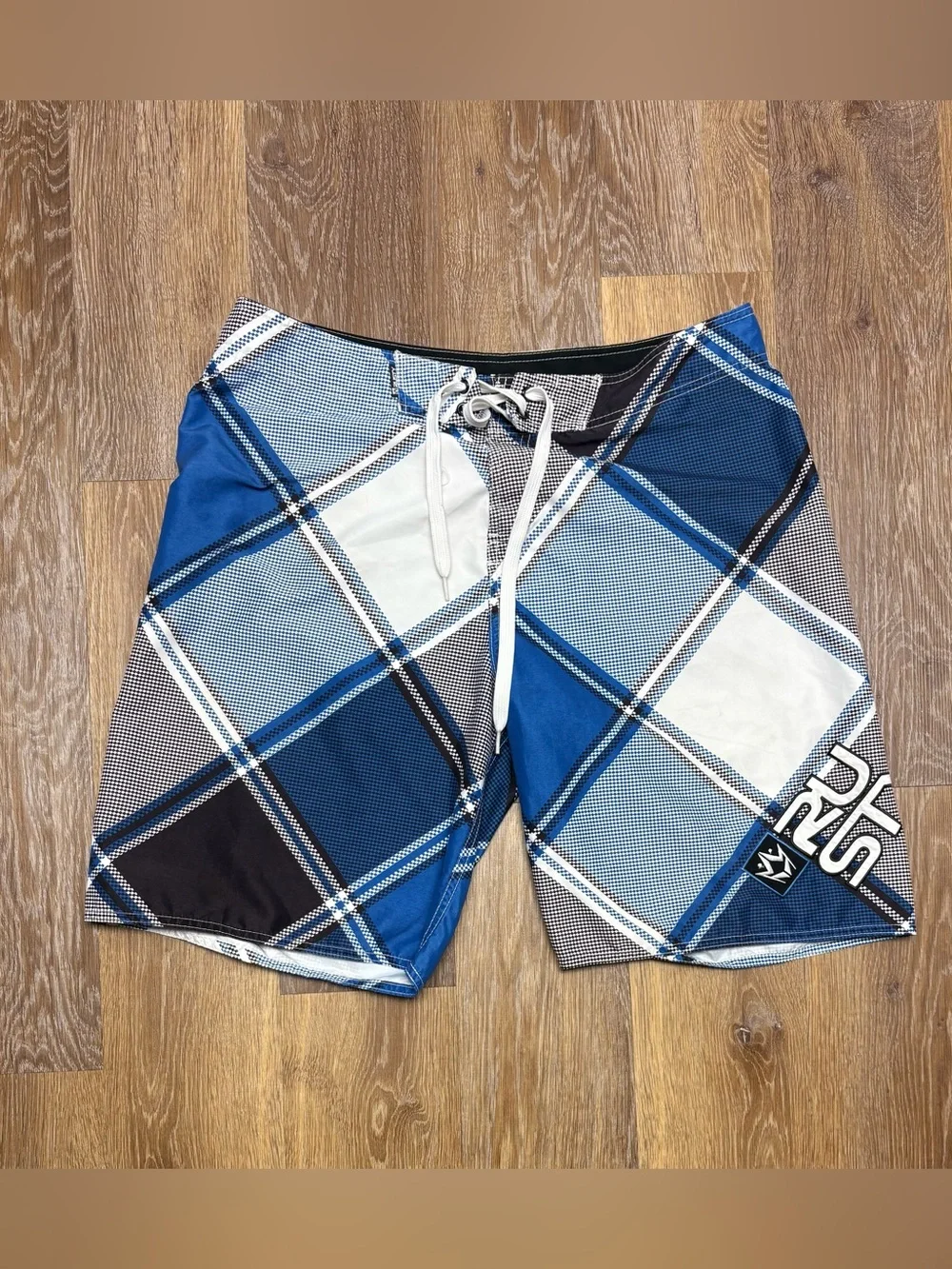 Rusty Blue Plaid Swim Boardshorts with Lace Waist
